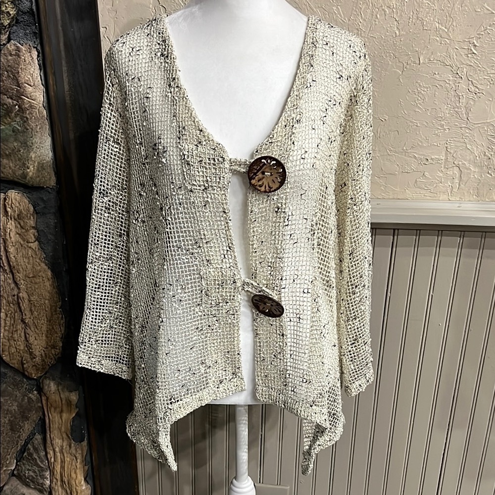 Nina Leonard Cream Open-Knit Asymmetrical Cardigan